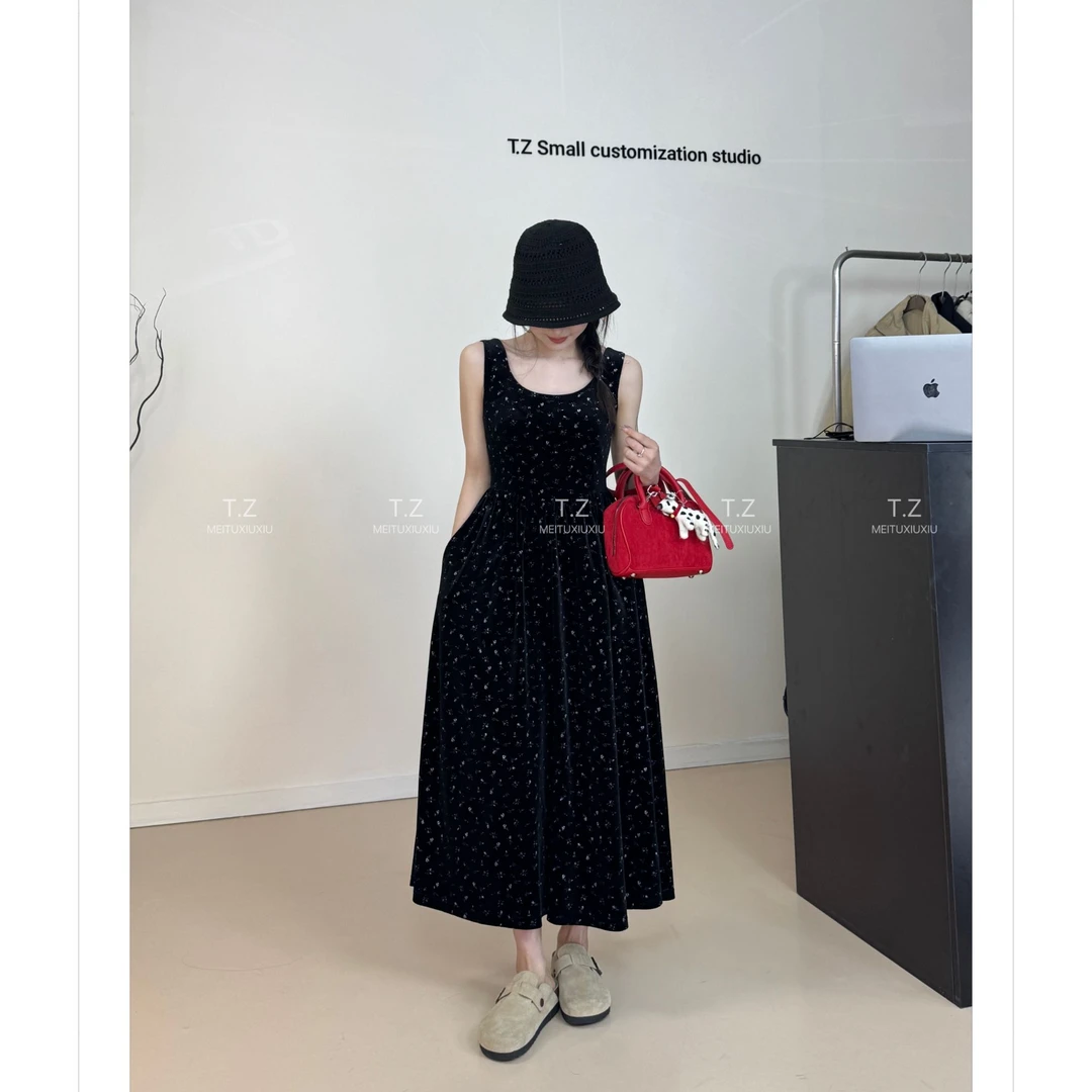 【婷子定制】~150小个子冬春过渡高腰丝绒收腰碎花连衣裙B953