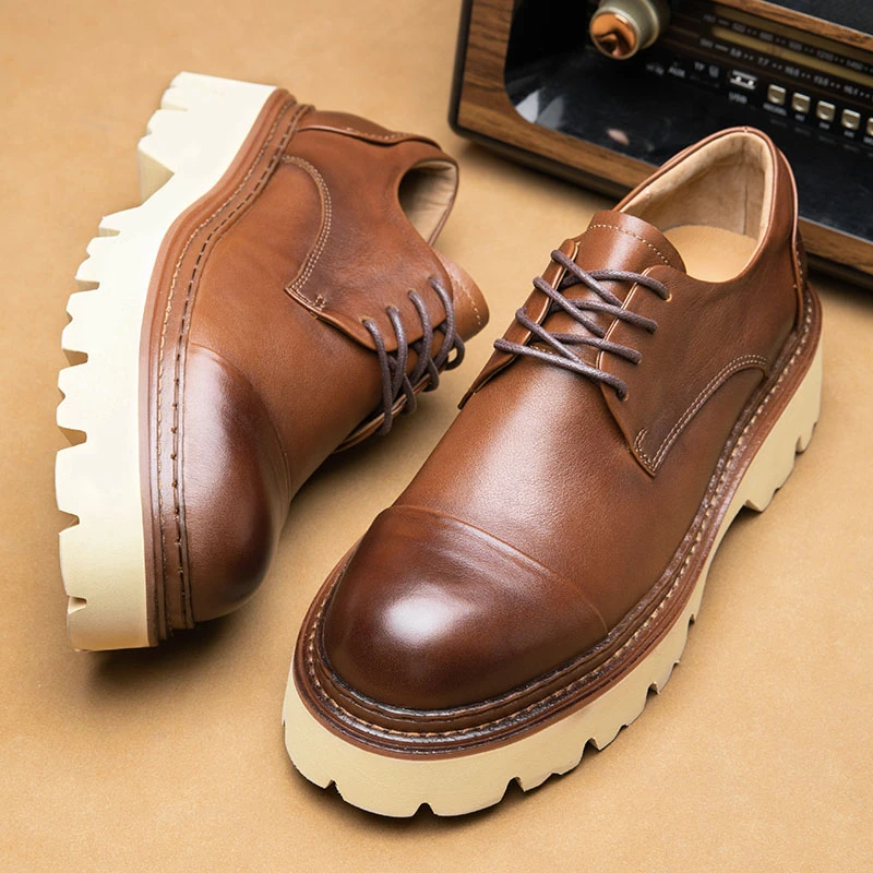 101A-2系带皮鞋头层牛皮系带工装鞋时尚百搭厚底增高英伦风皮鞋