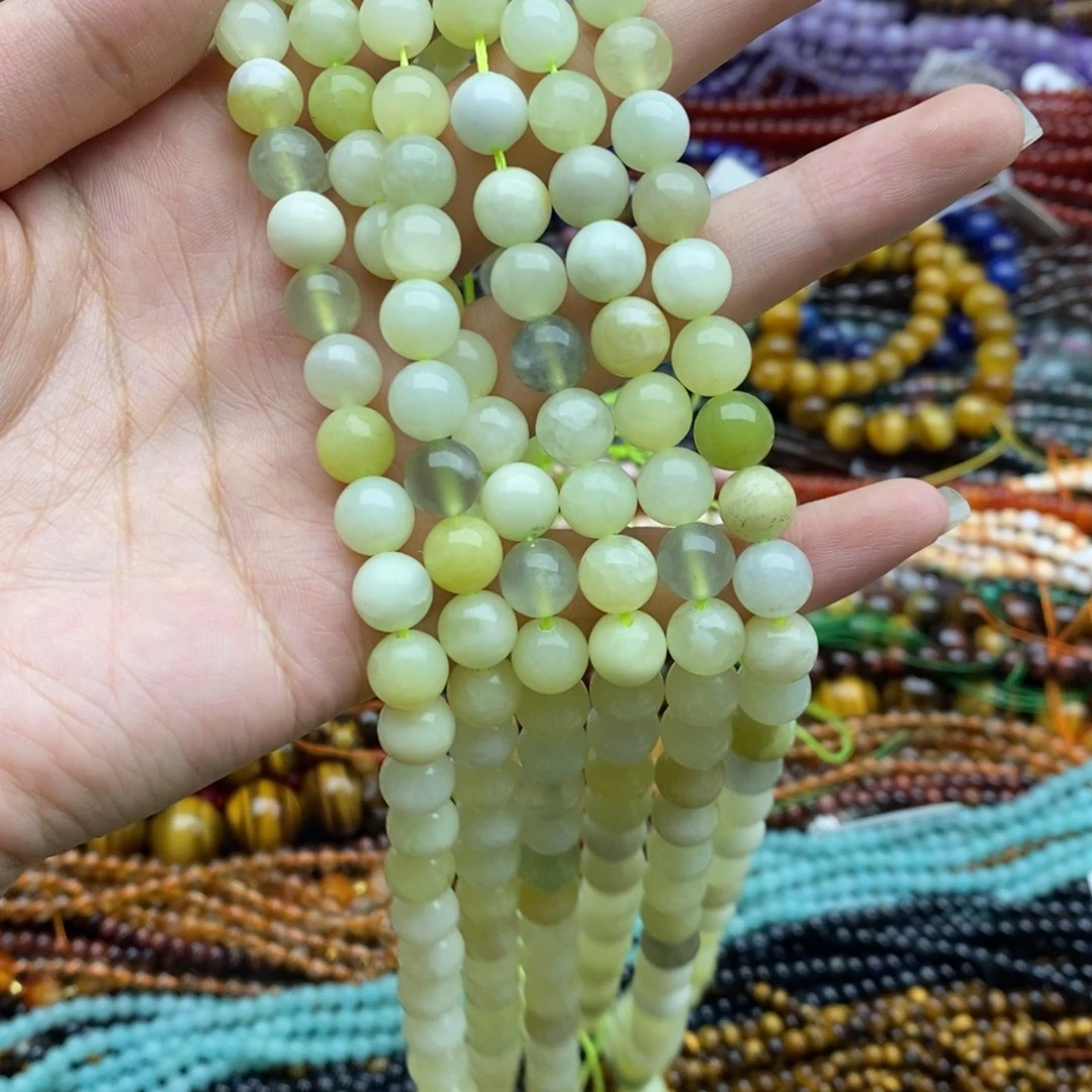 玛瑙/玉髓未镶嵌珠宝半成品一条纯天然青提岫玉圆珠8.5mm