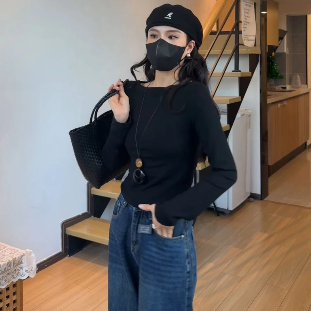 小个子150白色紧身修身长袖上衣女春秋季内搭打底衫短款t恤设计感