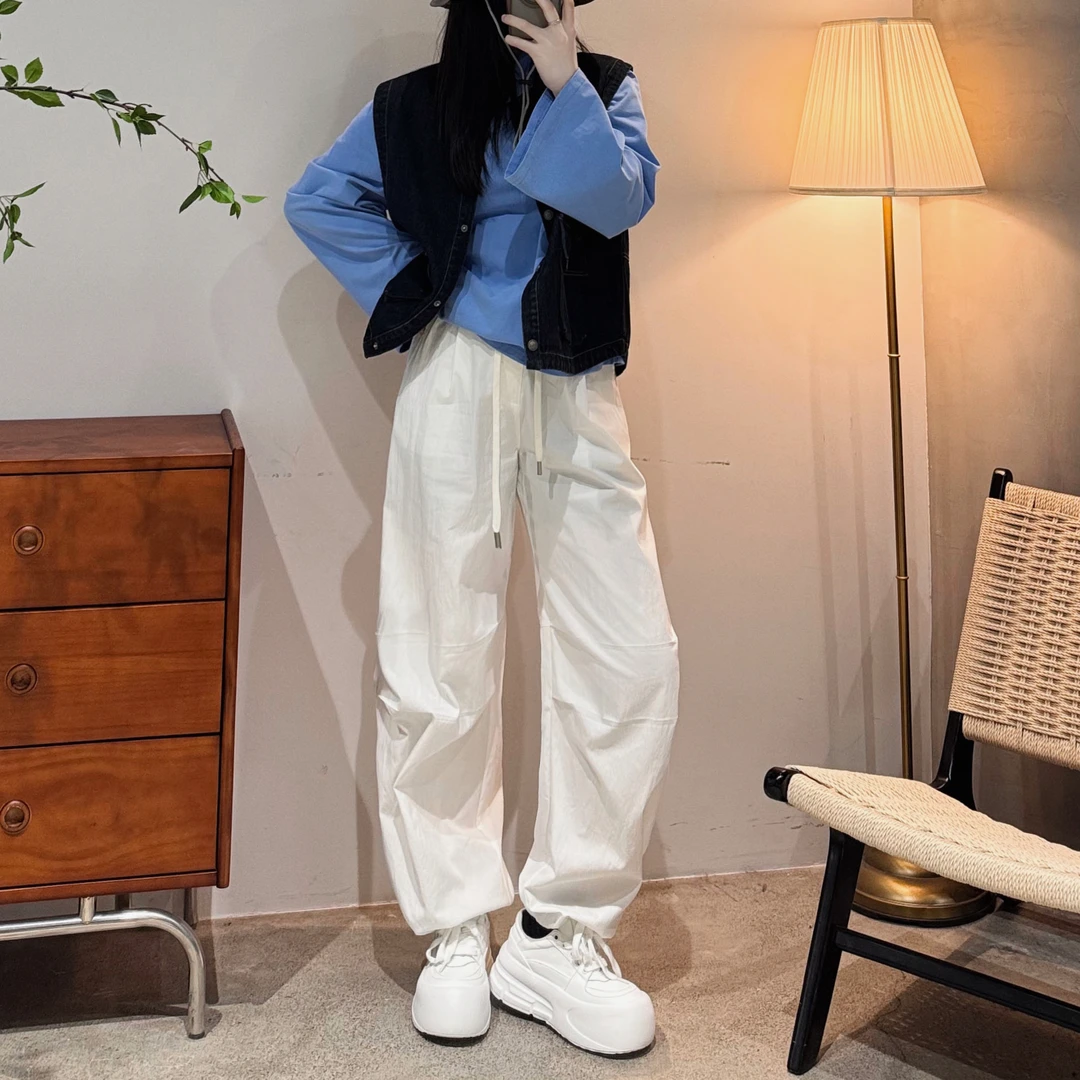 今婷时尚百搭直筒宽松潮流显瘦休闲捏褶设计抽绳工装裤-M25202304