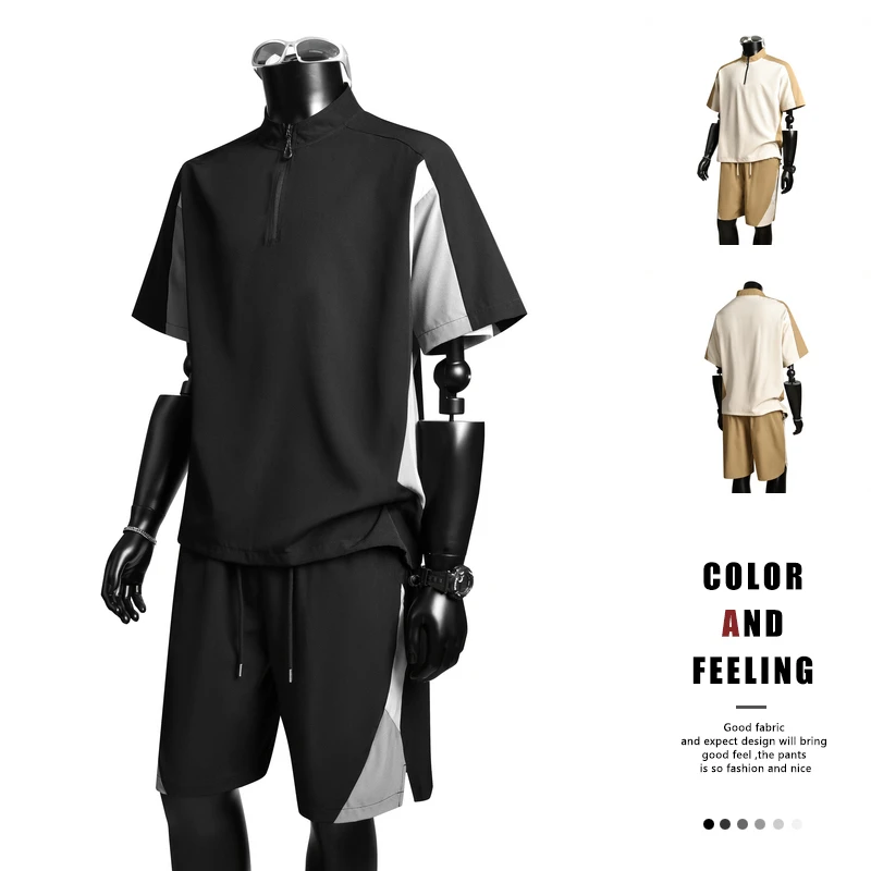 2025夏季新款弹力POLO衫套装短袖T恤休闲百搭拼色简约运动两件套