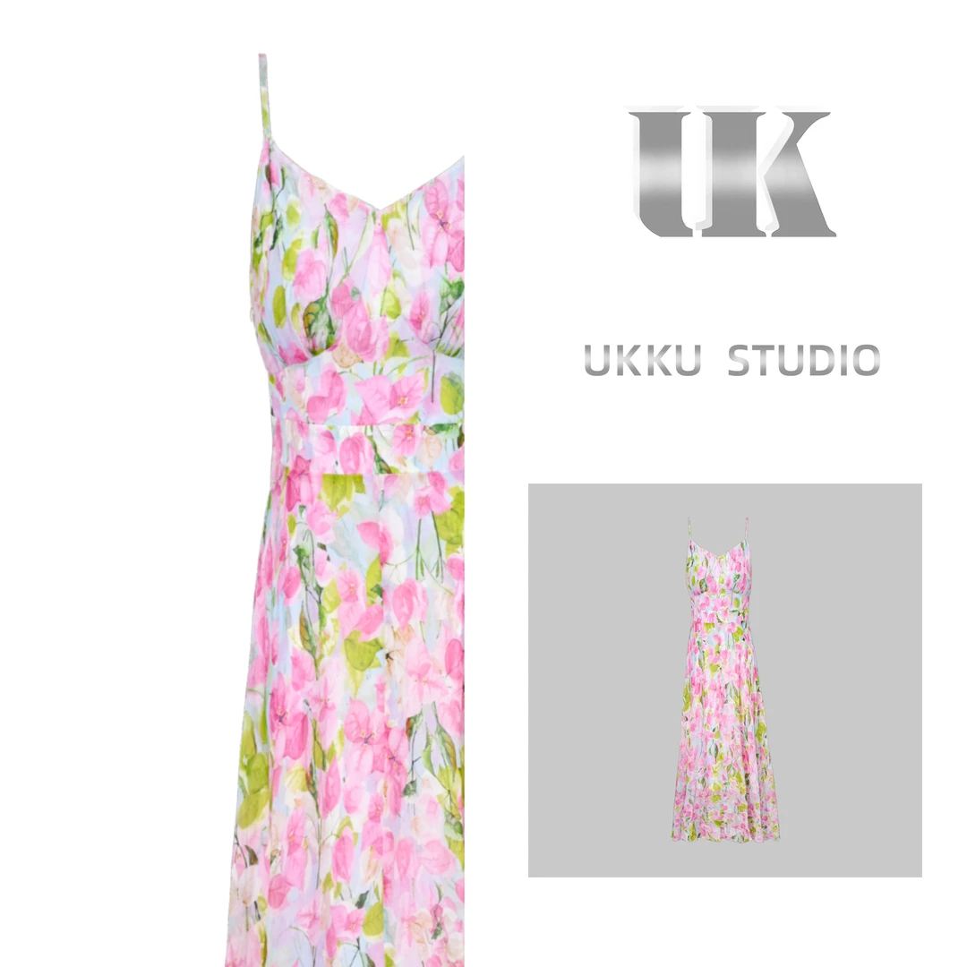 丹丹【UKKU STUDIO】轻奢设计师收腰吊带新版玫瑰庄园连衣裙914142
