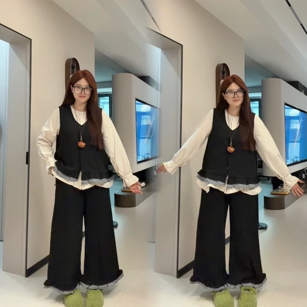 设计感格子长袖衬衫叠穿宽松马甲女秋季新款显瘦阔腿裤三件套