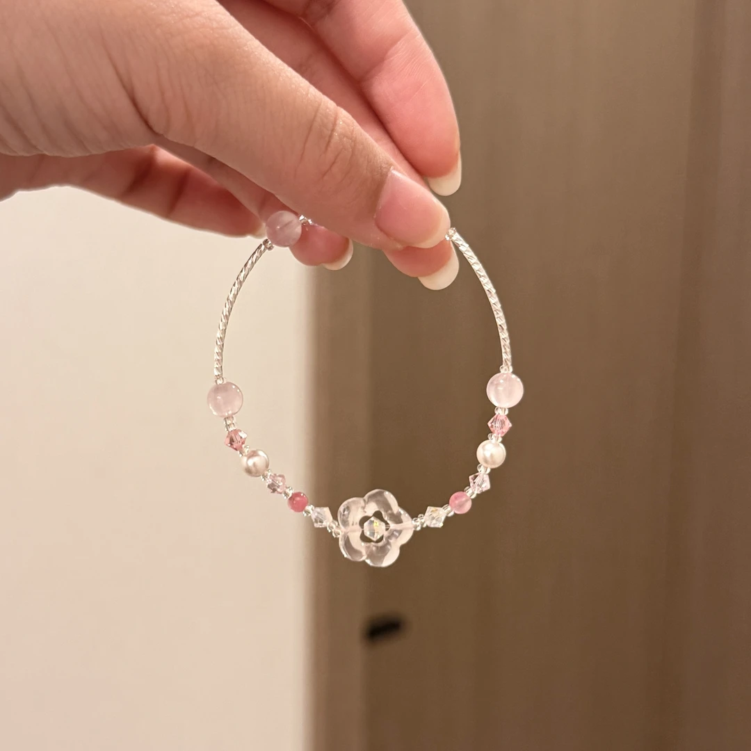 A233天然粉水晶花花S925银女款精致百搭手链
