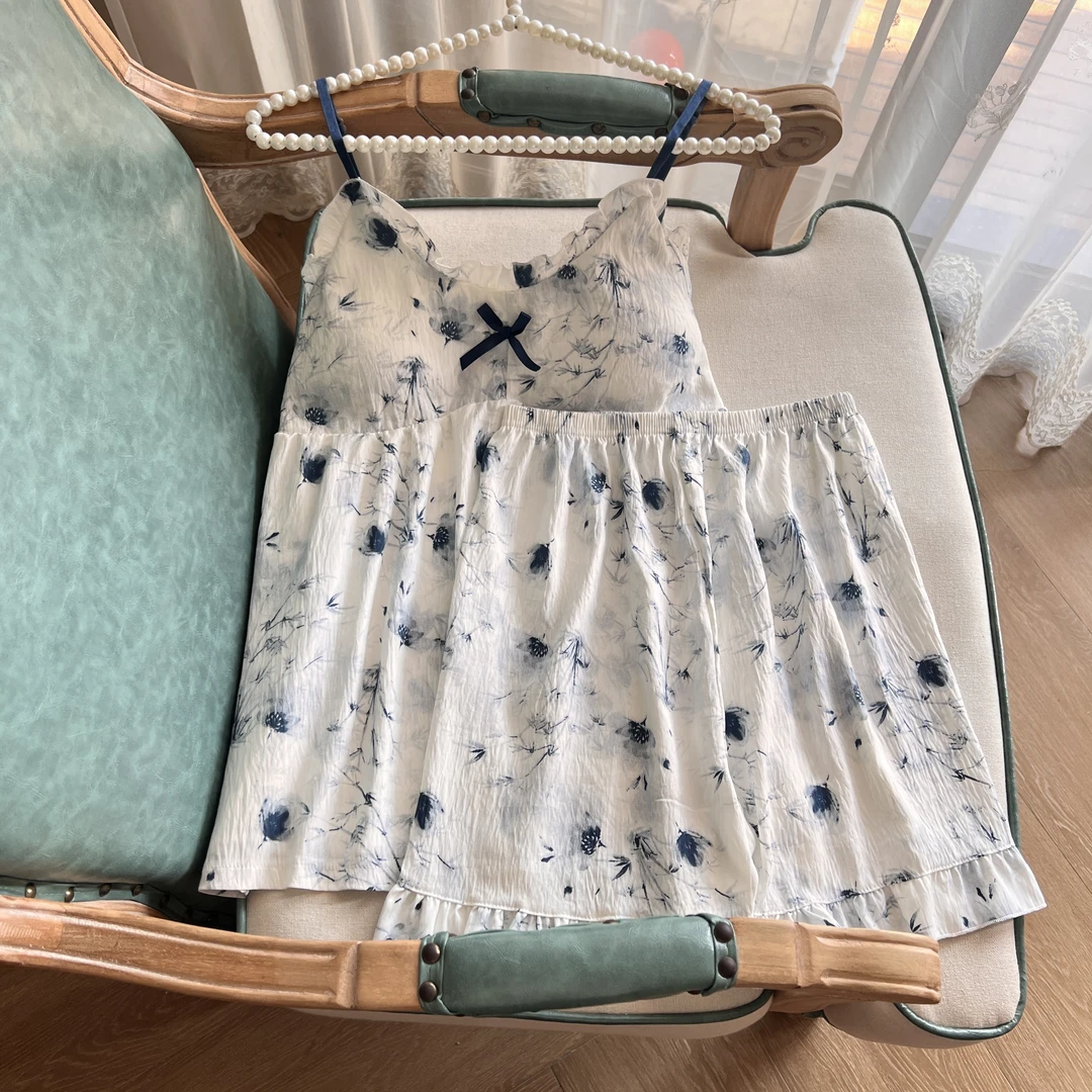 2025夏季新款国风吊带睡衣女款带胸垫春夏天云朵棉甜美家居服套装