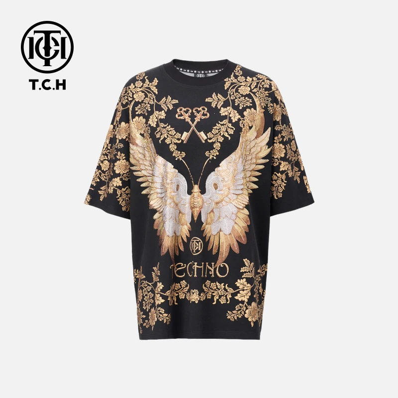 TCH轻奢重工翅膀烫钻潮牌宽松圆领短袖T恤男女同款T75C10E9012