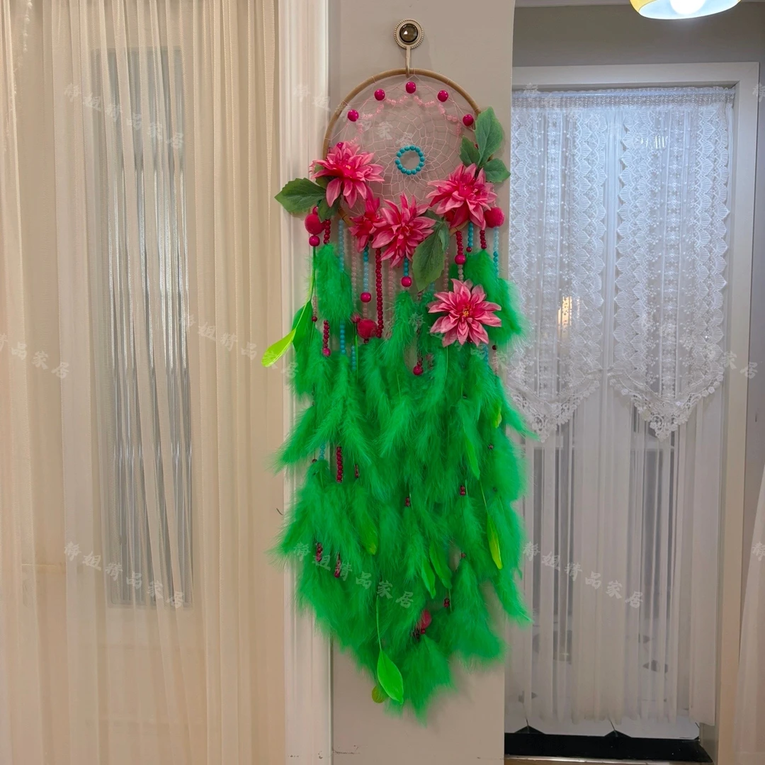 绿韵繁花似锦绿色款翎毛藤编原创手工轻奢捕梦网挂件羽毛摆件