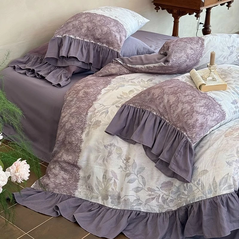 复古双层纱全棉法式韩式清新花边刺绣四件套床品