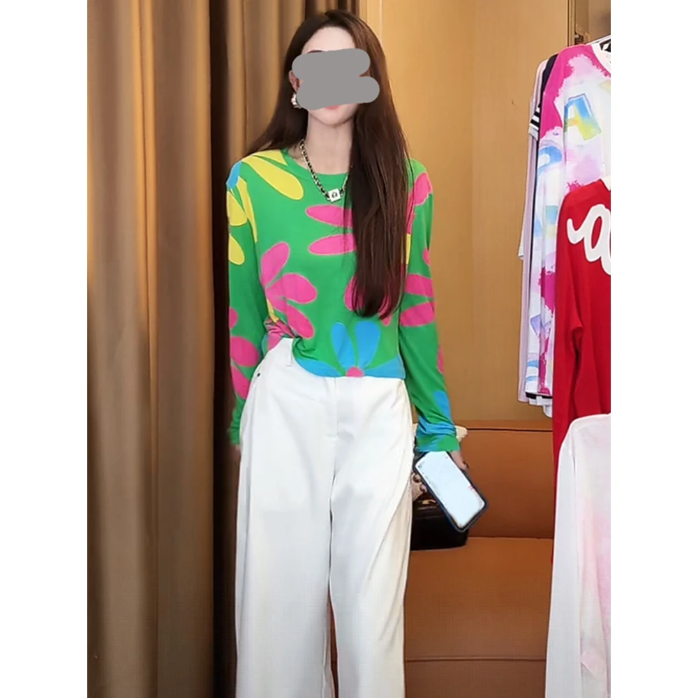 韩版圆领拼色设计感印花防晒长袖T恤女生2025年夏季新款通勤上衣