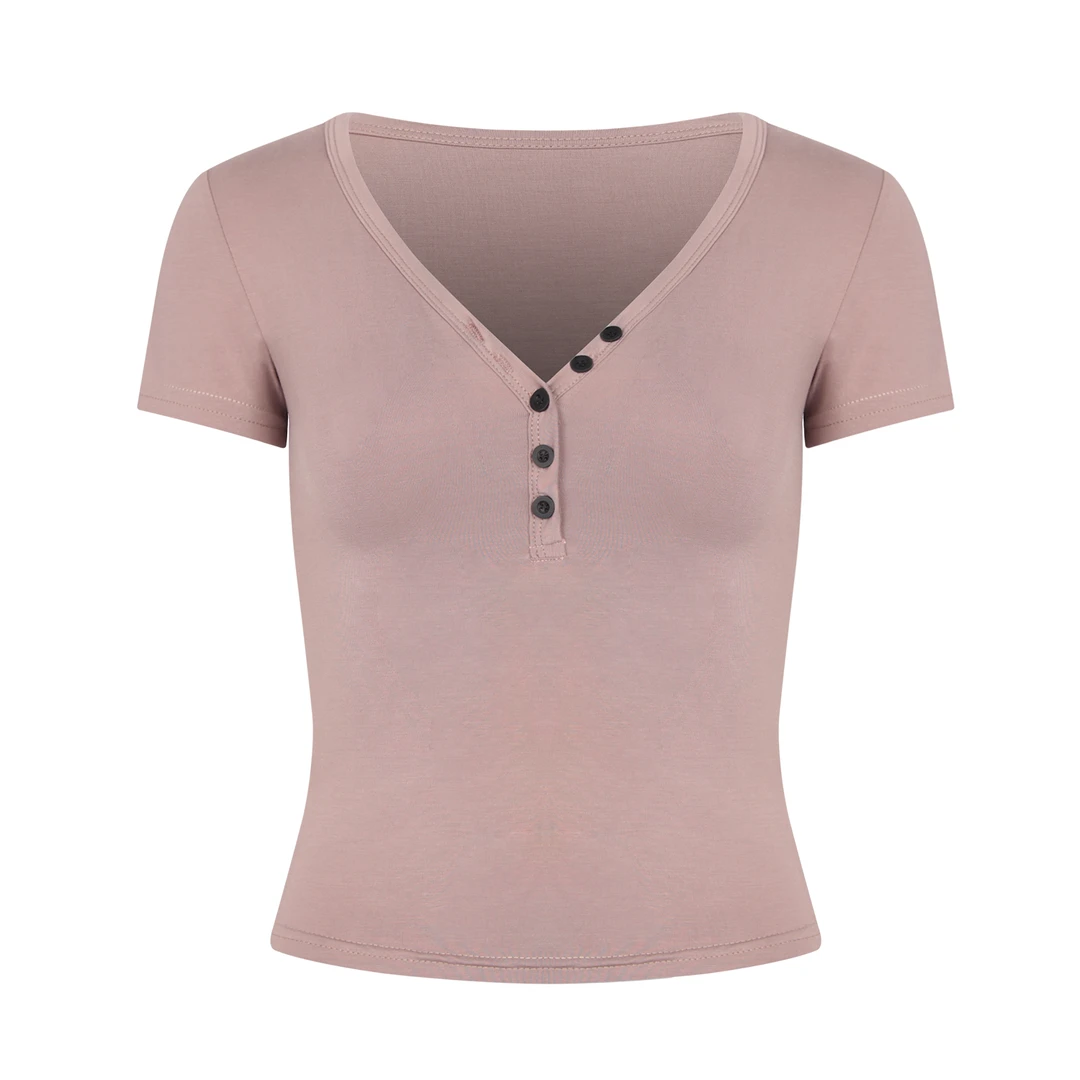 FANGAO【面膜扣子T】减龄美学低胸纽扣V领短袖T恤女修身短款上衣