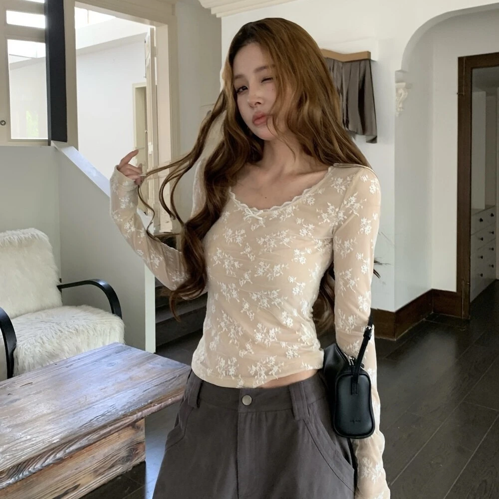 【夏春春】秋冬新款温柔纯欲百搭洋气打底衫蕾丝花边蝴蝶结T恤上衣