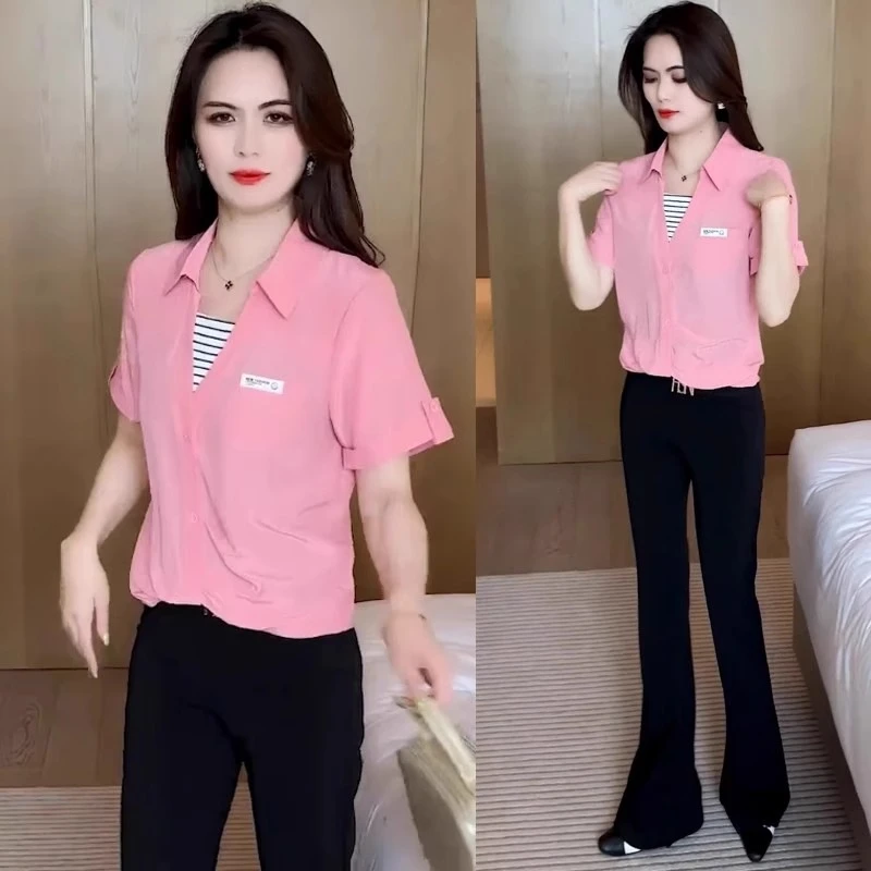 假两件冰丝短袖衬衫女士夏装2025新款小个子洋气显瘦时髦减龄衬衣