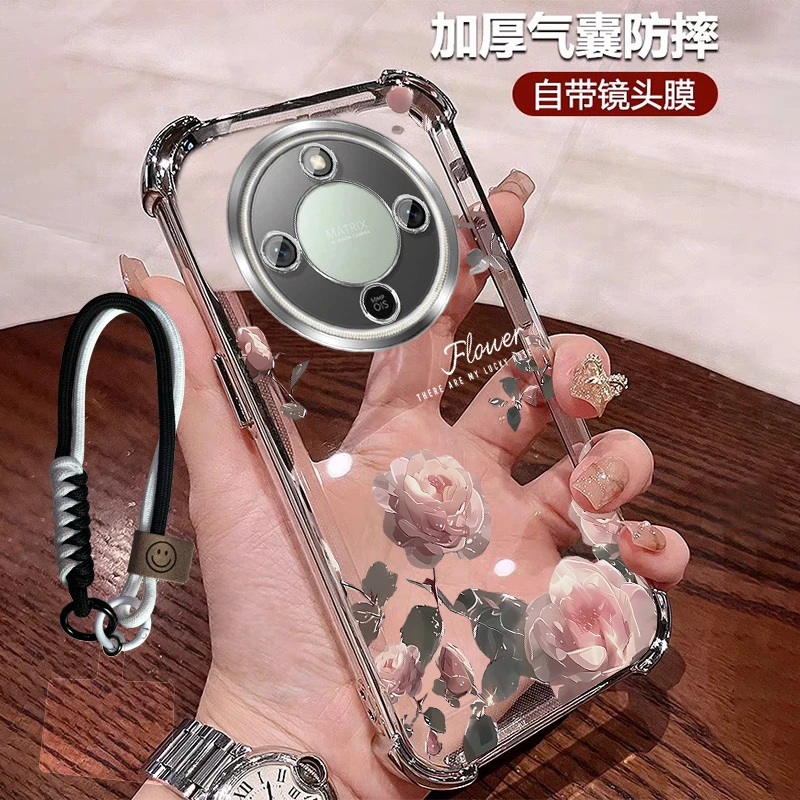 高颜值玫瑰适用荣耀x70手机壳四角防摔软壳X70全包带镜头膜软硅胶
