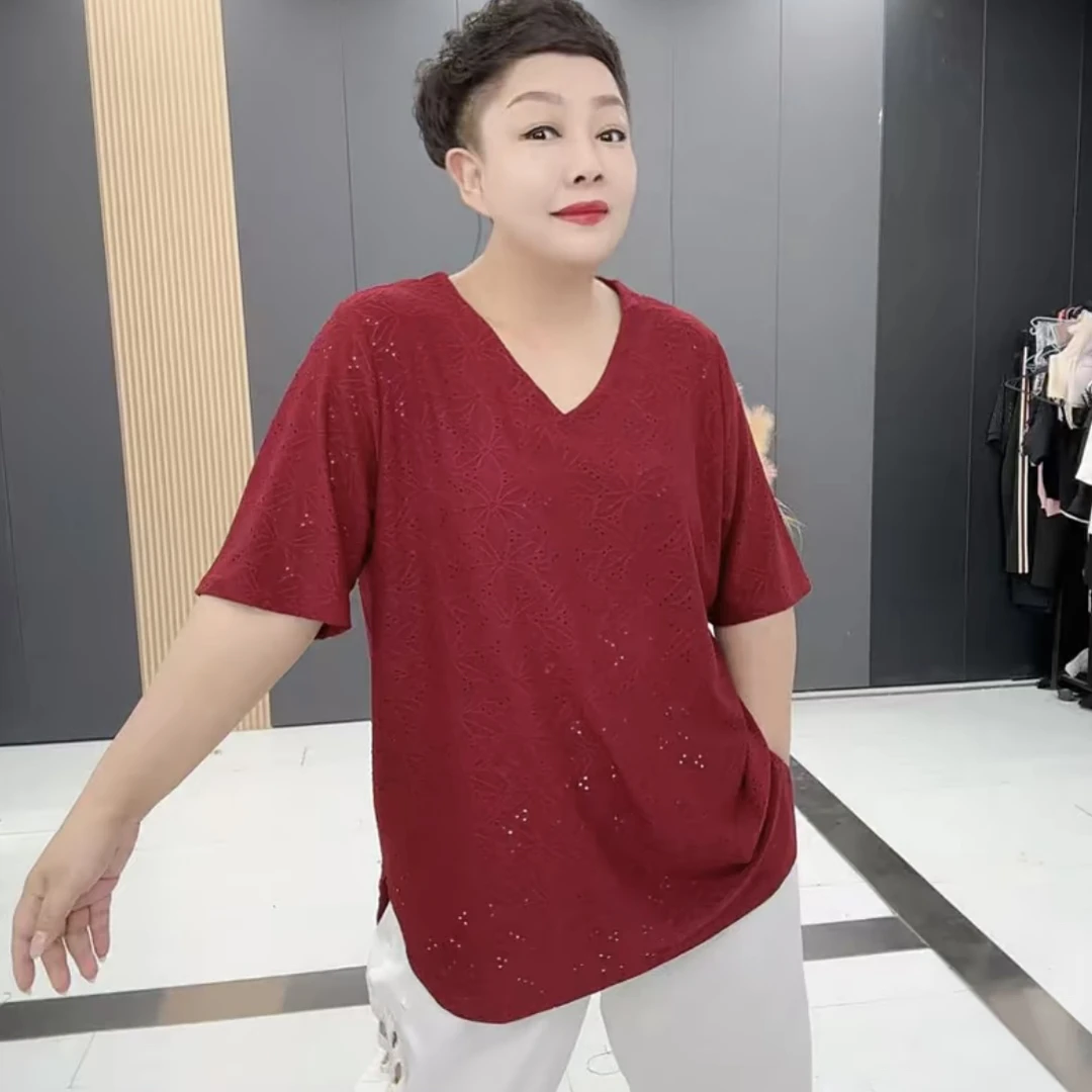 V领时尚常规款T恤气质短袖宽松烫钻休闲纯色抗皱百搭dad.1723