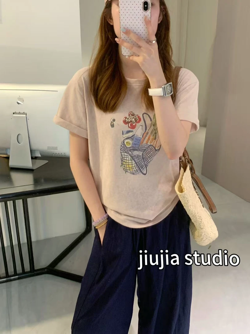 九佳 【松弛度夏】柜上货韩版百搭雪花休闲针织时尚圆领短袖