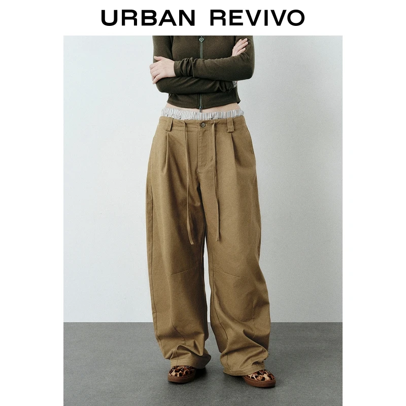 UR2025秋季新款女装流光风抽绳撞色拼接褶皱阔腿裤UYV650080