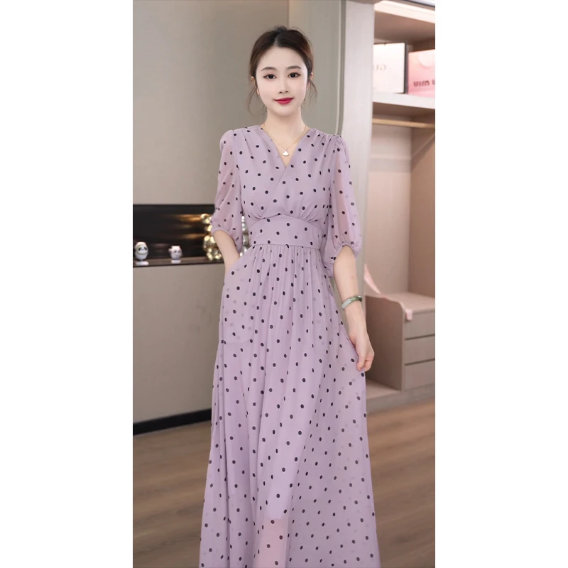 【琪琪穿搭】香芋紫波点连衣裙2025新款女夏季新款茶歇v领气质长裙