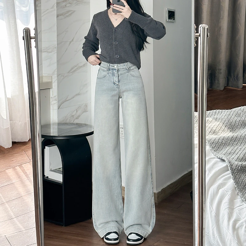 浅色直筒阔腿高腰牛仔裤女2025年秋季新款小个子显瘦显高宽松百搭