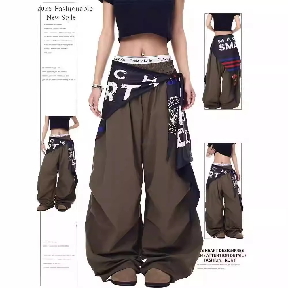夏季美式街头设计感带屁帘伞兵裤女宽松百搭褶皱休闲裤阔腿工装裤
