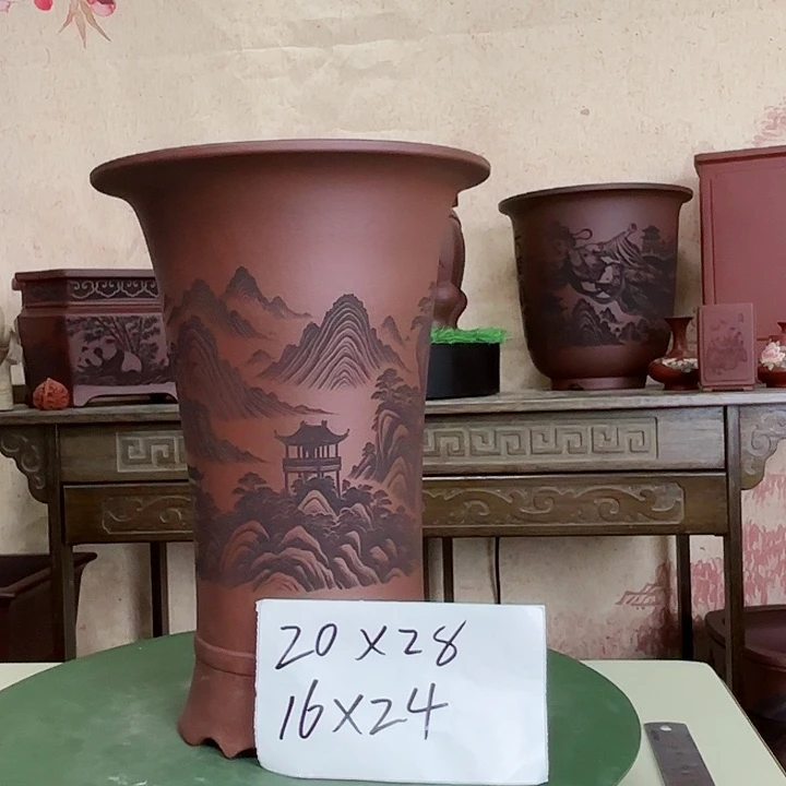 紫砂花盆刻绘见山