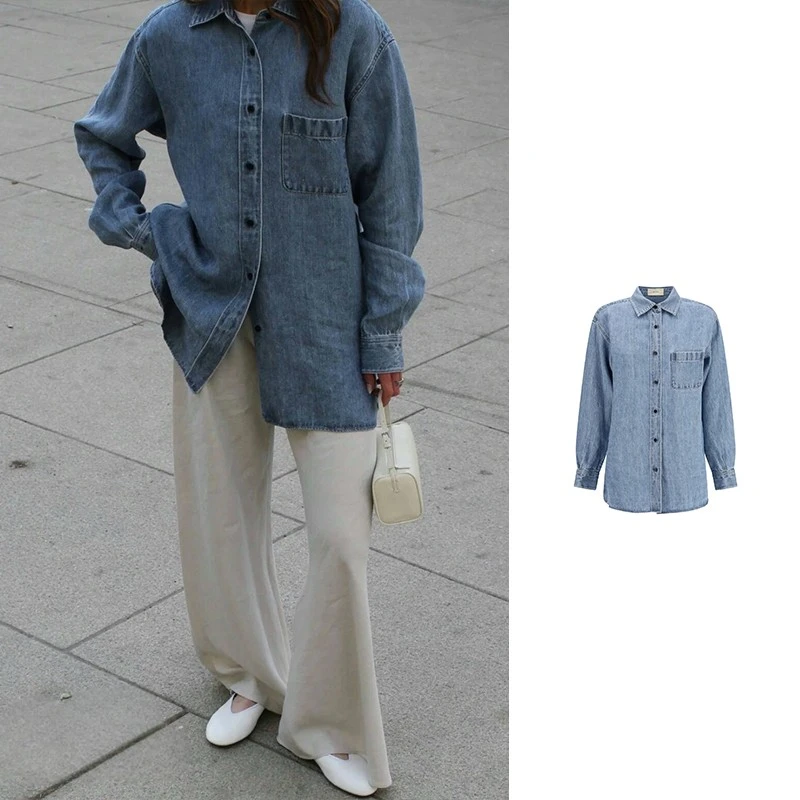 全新未使用  THE ROW 蓝色宽松版亚麻水洗衬衫Nesson shirt