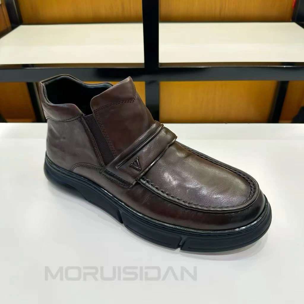 冬季加绒棉鞋新款真皮轻便软底一脚蹬商务休闲皮鞋高品质棕色男鞋