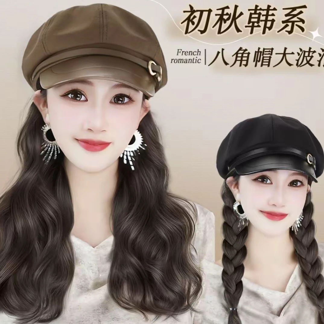 【2025流行款】精致八角帽子假发一体式显气质优雅大波浪带帽假发