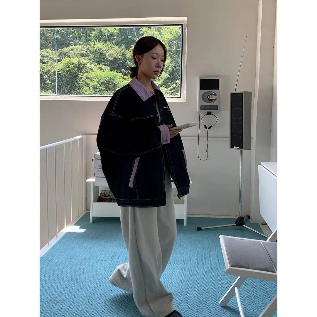 「摩登碰撞」美式复古撞色拼接翻领牛仔外套女装工装夹克