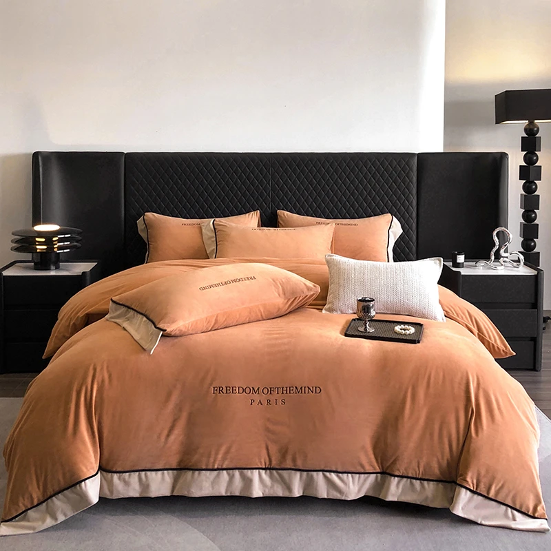 A类牛奶绒四件套水星系列宝宝绒双面加绒被套珊瑚绒刺绣法兰绒