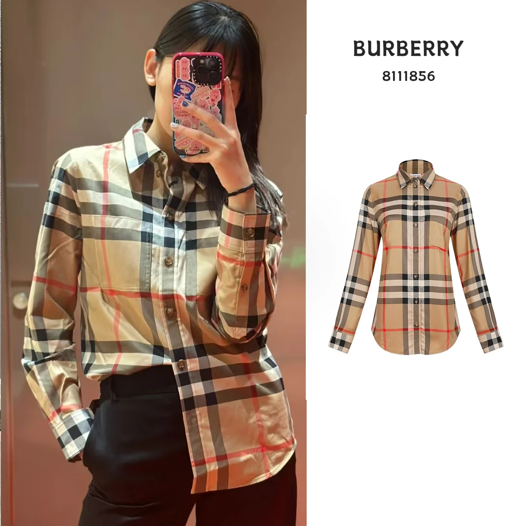 未使用 BURBERRY/博柏利 大格纹印花满印纽扣长袖衬衫女款8111856