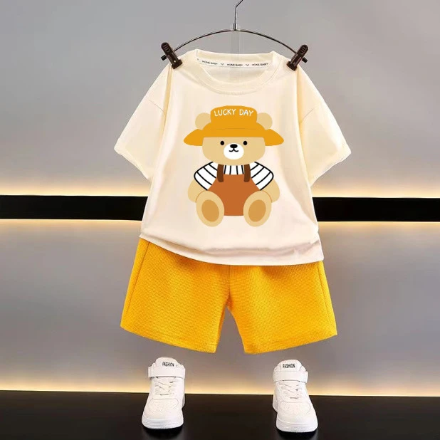 新款童装夏季儿童套装休闲宽松衣服男童短袖华夫格宝宝夏季男孩