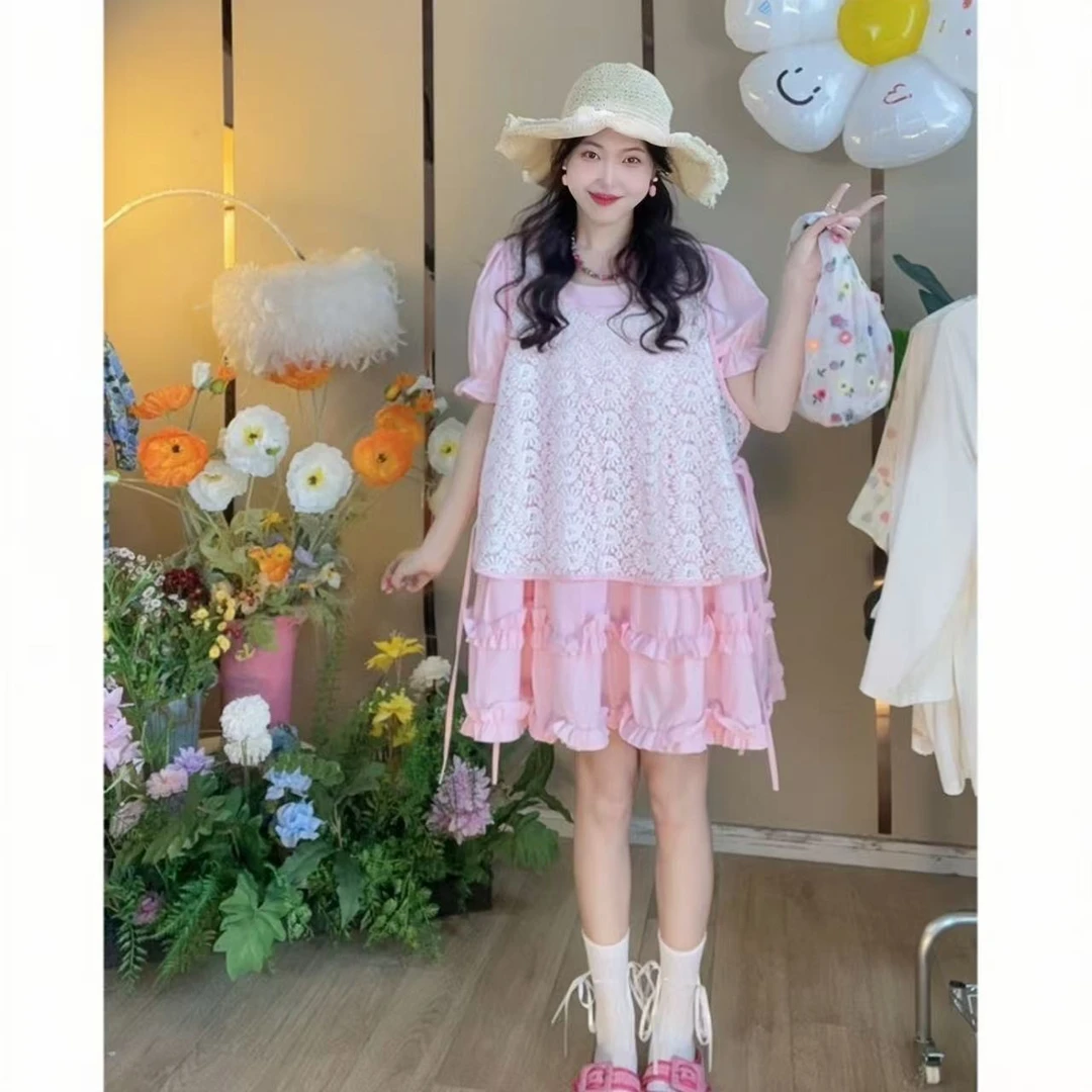 燃冉【小雏菊】春夏韩版甜美减龄宽松泡泡袖连衣裙套装夏季蕾丝套装