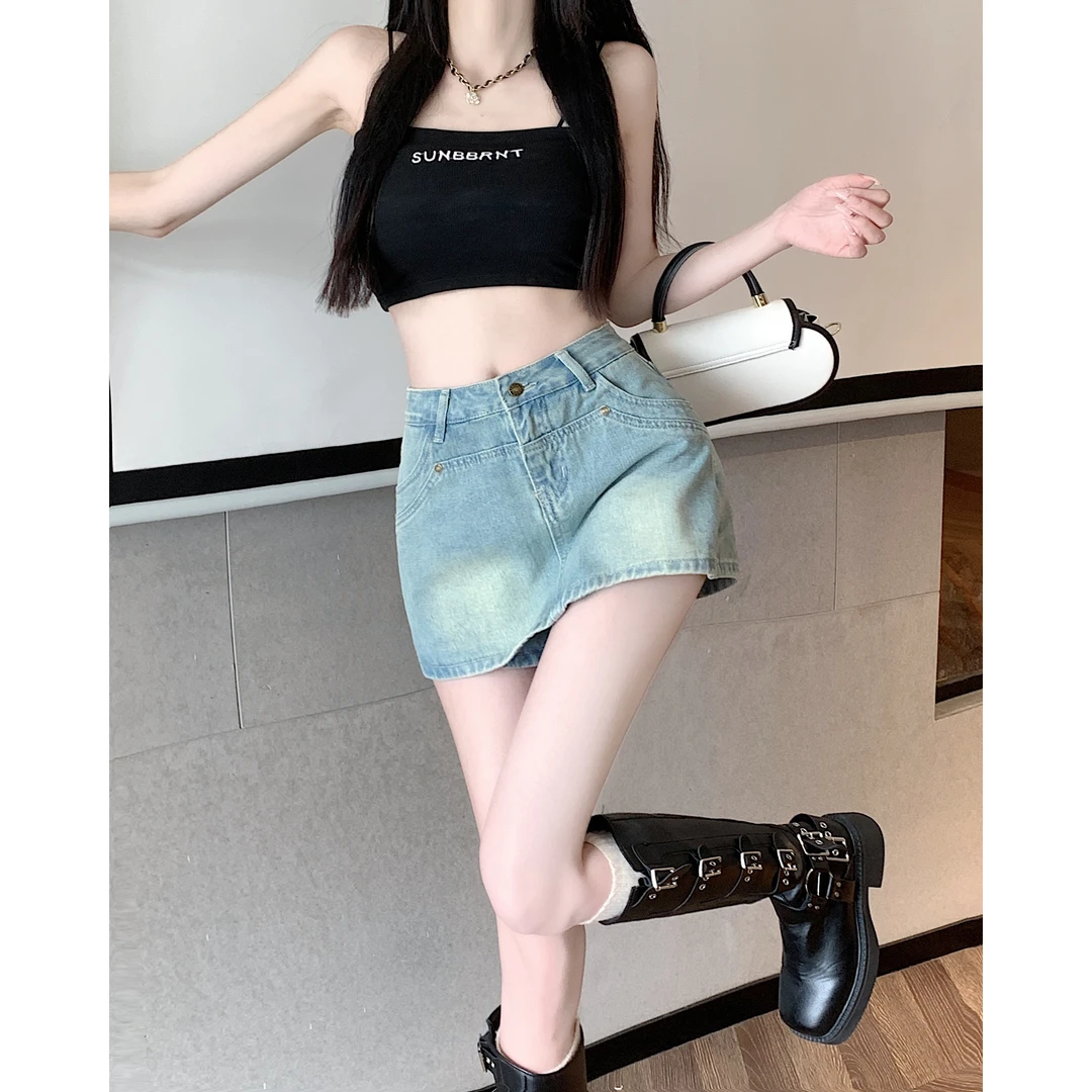 大码复古牛仔半身裙女装夏季胖MM高腰a字包臀裙裤梨形身材短裙子