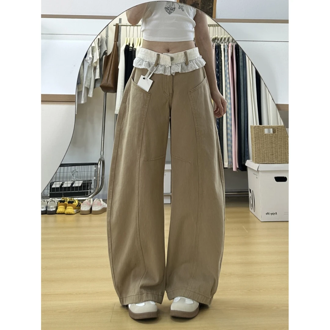 高腰设计感宽松显瘦拖地牛仔裤女2025夏季新款蕾丝拼接百搭阔腿裤