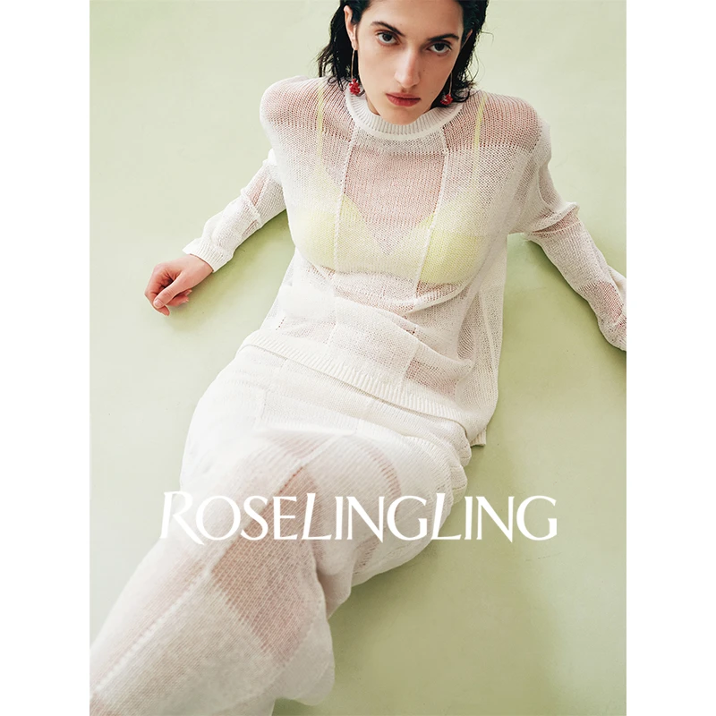 ROSELINGLING棋盘艺术进口和纸纱+镂空网眼通勤度假针织衫+直筒裙