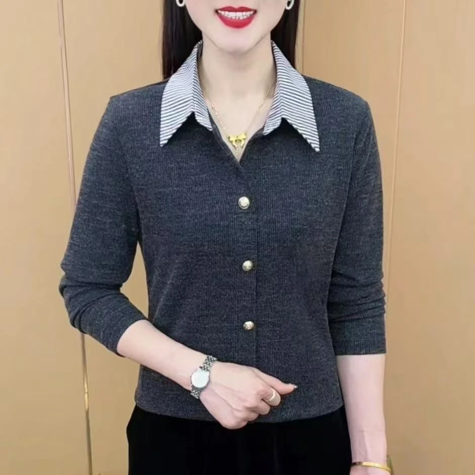 春季新款t恤女士翻领洋气百搭休闲中年妈妈减龄长袖小衫