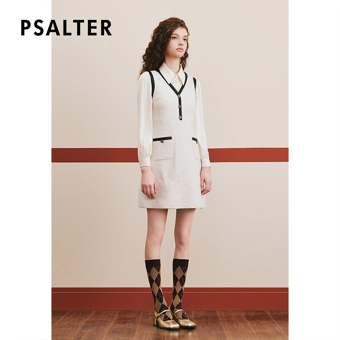PSALTER诗篇衬衫假两件粗花呢羊毛小香风连衣裙