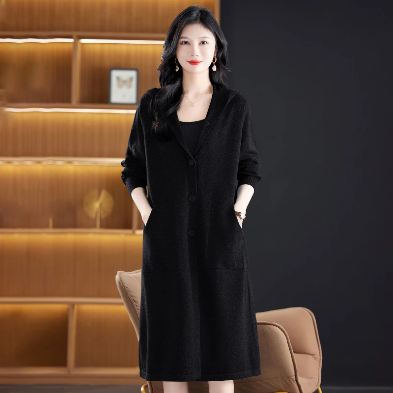 女式连帽针织外套中长款春秋2025年新款百搭薄款秋季毛衣开衫过膝