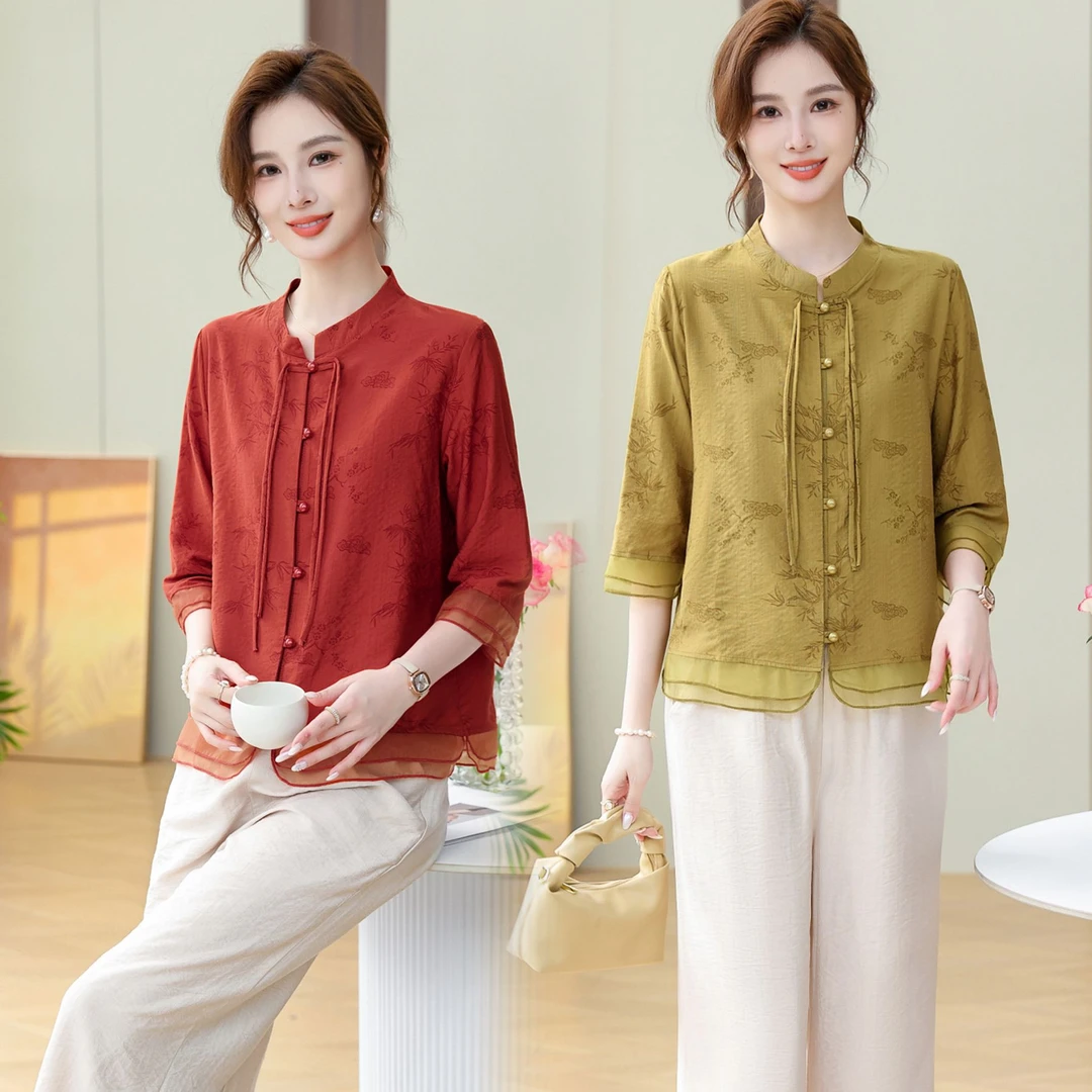 中年妈妈装新中式夏装洋气衬衫女中袖气质中老年夏季时尚两件套装
