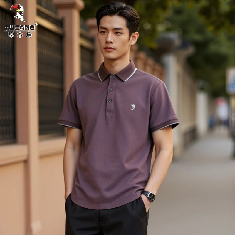 【含桑蚕丝】啄木鸟夏季透气纯色商务休闲宽松男时尚短袖POLO衫