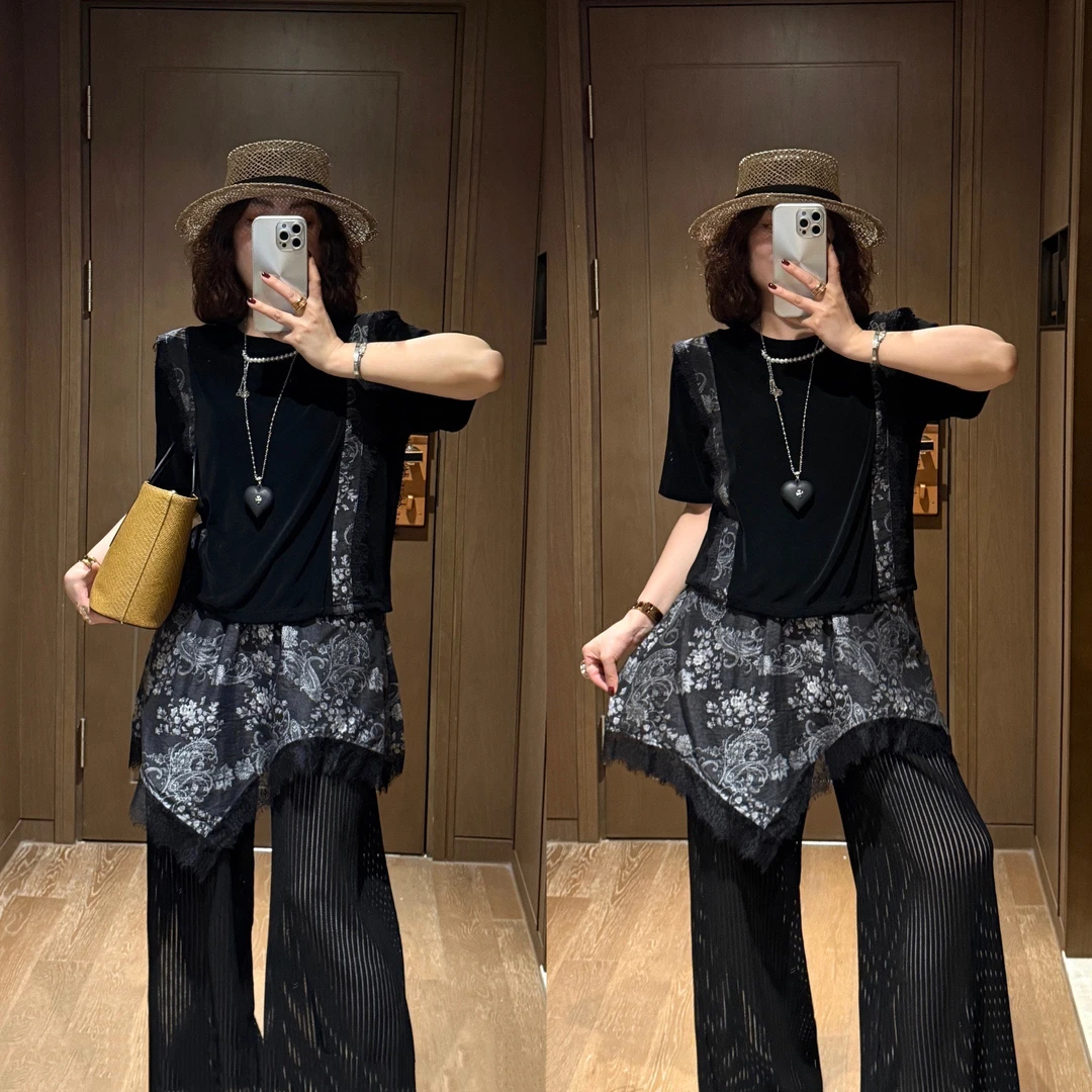 YDFSTUDIO小众【时光定格】欧货高品撞色醋酸百搭上衣+裤子套装