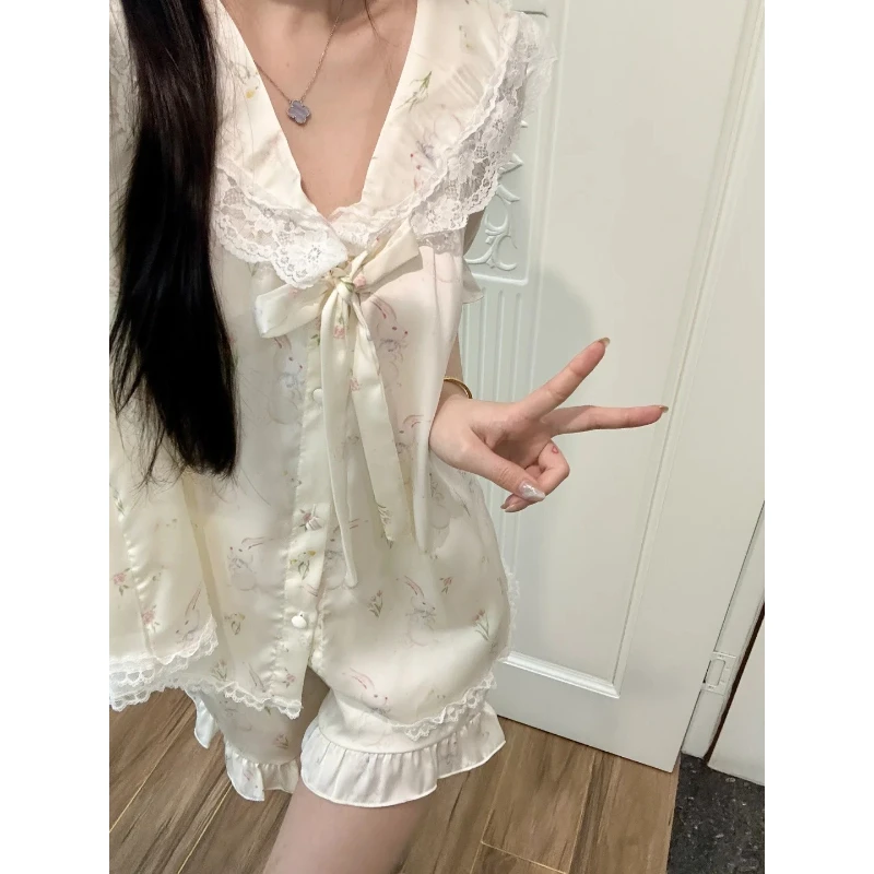 【碎花兔子】温柔甜美风蕾丝边冰丝短袖睡衣女夏季新款套装家居服女