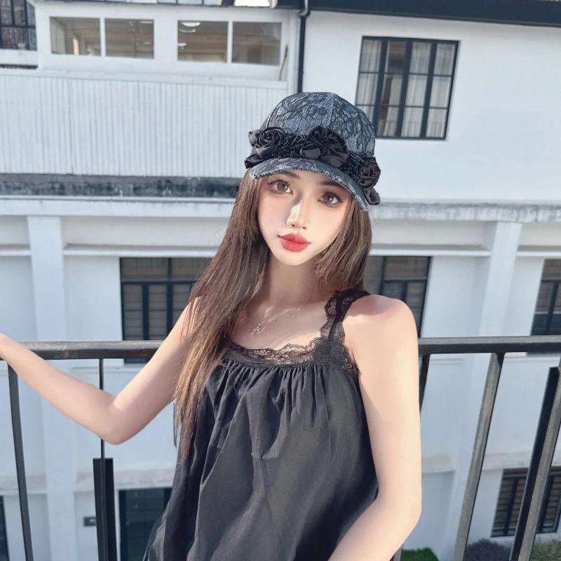 NIUYANG 原创质感牛仔复合蕾丝手工珠花重工高颅顶硬顶优雅鸭舌帽