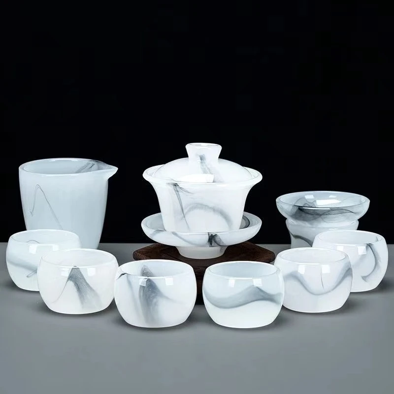 高端琉璃功夫茶具套装简约不烫手琉璃三才盖碗泡茶家用办公室送礼