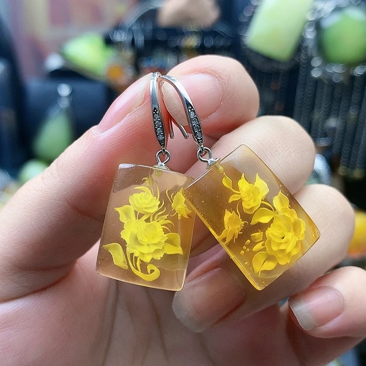 琥珀裸石银S925镶嵌耳坠