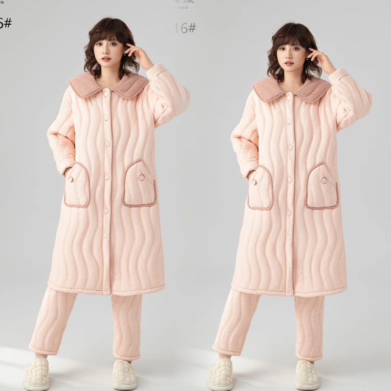 【李丽原创】2024新款女士加绒加厚睡衣三层夹棉冬季长款家居服套