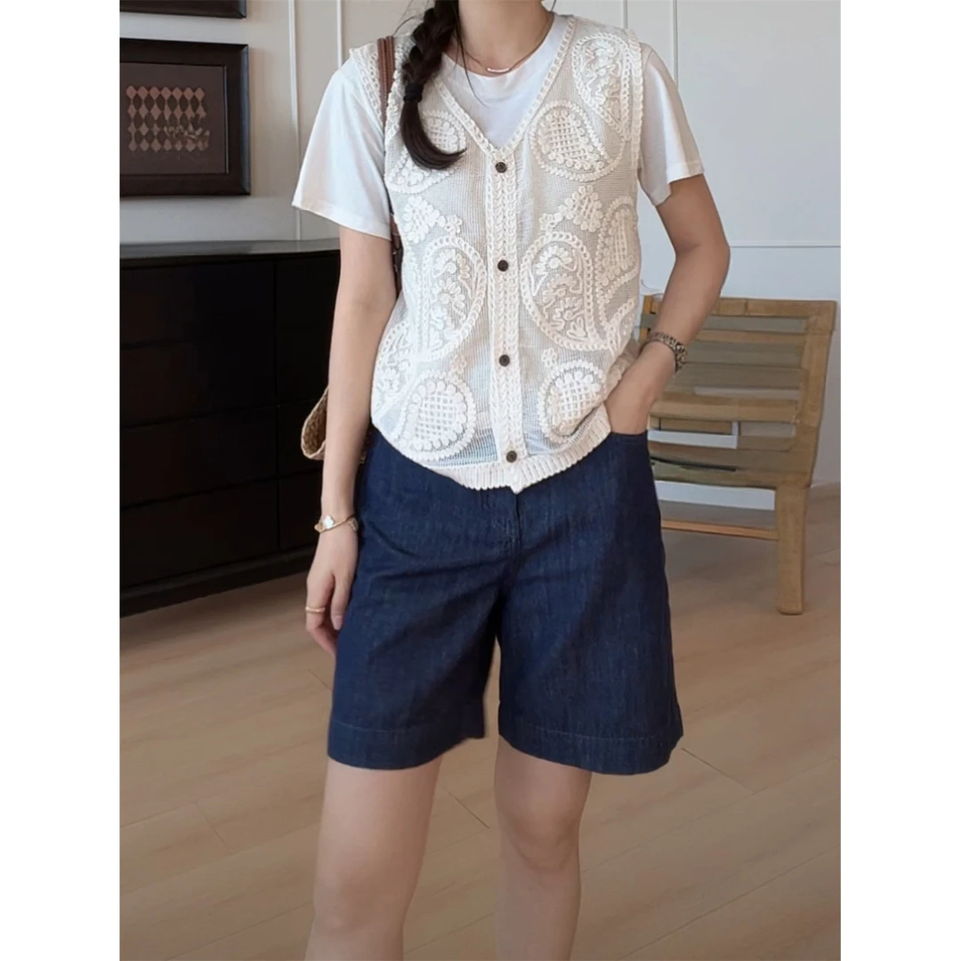 圆领短袖t恤镂空绣花开衫两件套女2025夏季新款韩版洋气百搭上衣