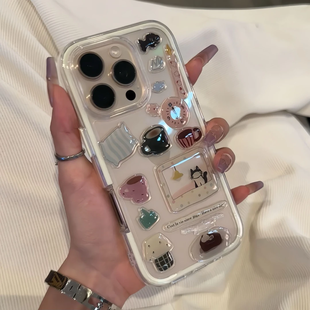 夕与空闹钟小黑猫滴胶贴纸适用苹果16/15promax手机壳iPhone14/13