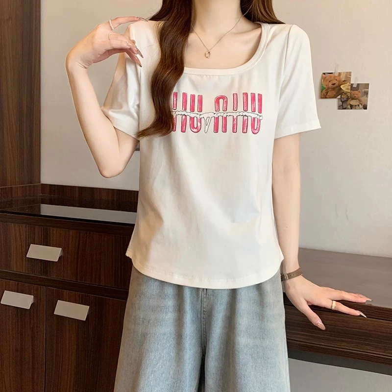 大码女夏新款显瘦宽松小个子方领上衣洋气遮肉微胖mm正肩短袖t恤